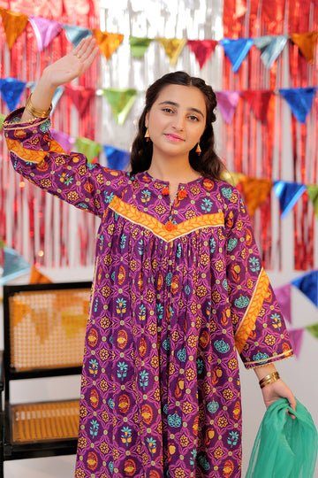 GBD-02529 | Purple & Gold | Casual Plus 3 Piece Suit  | Cotton Gold Print Lawn